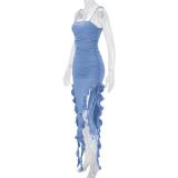 Blue Straps Boat Neck Split Ruffles Fashion Women Tassels Midi Dress