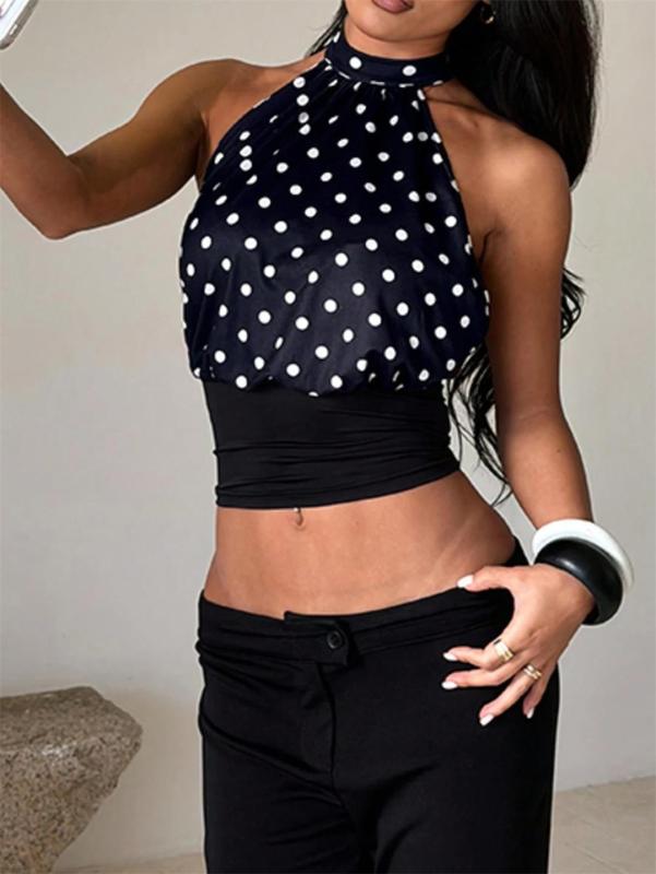 Black Sleeveless Dots Sexy Pleated Waist Crop Tops