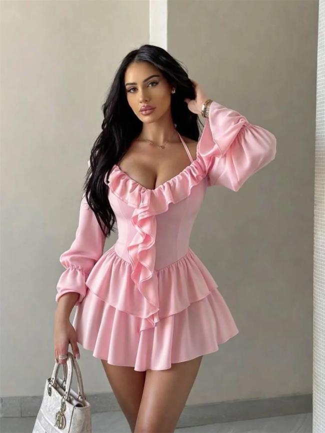 Pink Solid Long Sleeve Ruffles Floral Sexy Women Birthday Party Skirt Dress