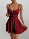 Claret Straps Low Cut Lace Up Summer Vacation Pleated Mini Skirt Dress