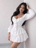 White Solid Long Sleeve Ruffles Floral Sexy Women Birthday Party Skirt Dress
