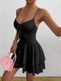 Black Straps Low Cut Lace Up Summer Vacation Pleated Mini Skirt Dress