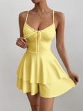 Yellow Straps Low Cut Lace Up Summer Vacation Pleated Mini Skirt Dress