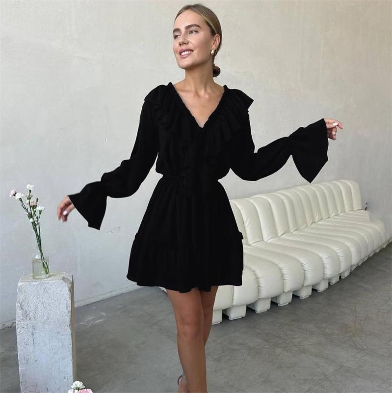 Black Long Sleeve Deep V Neck Ruffles Sexy A-Line Folds Vacation Mini Dress