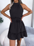 Black Sleeveless Halter Neck Pleated Women Vacation Mini Dress