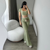 Green Short Sleeve Crop Tops Two Pieces Knit Fashion Women Pant Sets