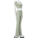 Green Short Sleeve Crop Tops Two Pieces Knit Fashion Women Pant Sets