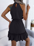 Black Sleeveless Halter Neck Pleated Women Vacation Mini Dress
