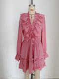 Pink Long Sleeve Deep V Neck Ruffles Sexy A-Line Folds Vacation Mini Dress