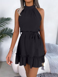 Black Sleeveless Halter Neck Pleated Women Vacation Mini Dress
