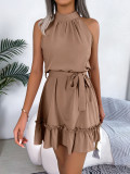 Khaki Sleeveless Halter Neck Pleated Women Vacation Mini Dress