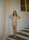 Beige Straps Square Neck Sequins Tassels Sexy Party Dance Mini Skirt