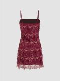 Claret Straps Square Neck Sequins Tassels Sexy Party Dance Mini Skirt