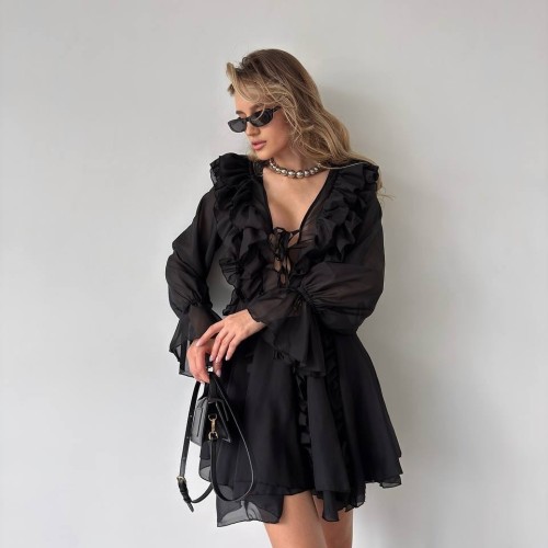 Black Long Sleeve Deep V Neck Ruffles Fashion Street Party Dress