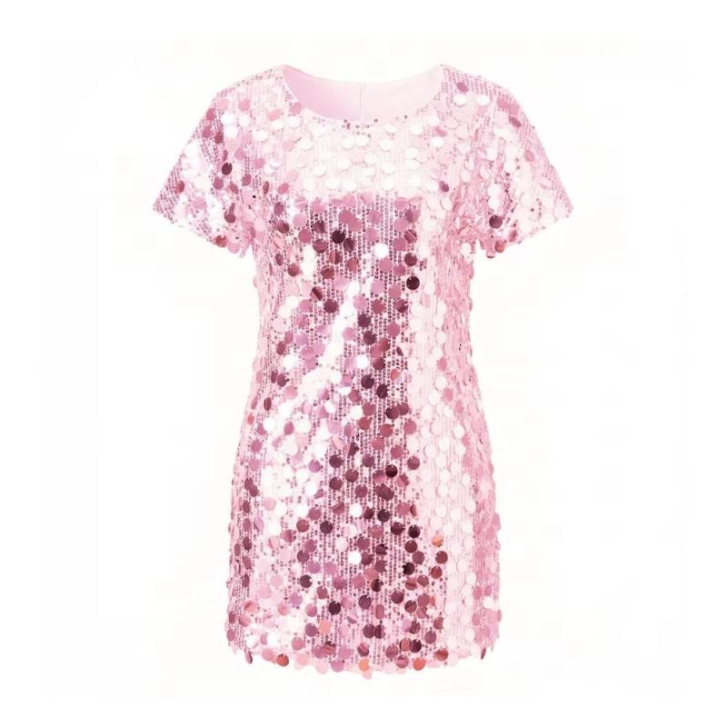 Pink Short Sleeve Sequins Fashion Evening Birthday Dress