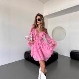 Pink Long Sleeve Deep V Neck Ruffles Fashion Street Party Dress
