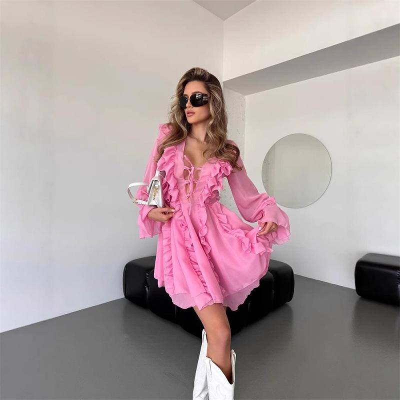 Pink Long Sleeve Deep V Neck Ruffles Fashion Street Party Dress