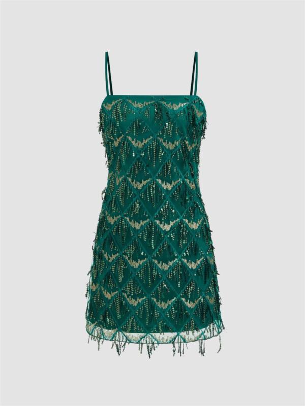 Green Straps Square Neck Sequins Tassels Sexy Party Dance Mini Skirt