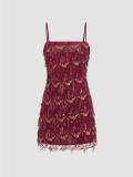 Claret Straps Square Neck Sequins Tassels Sexy Party Dance Mini Skirt
