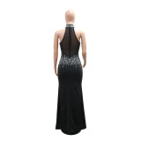 Black Halter Mesh See Through Rhinestones Women Evening Party Gowns
