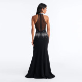 Black Halter Mesh See Through Rhinestones Women Evening Party Gowns
