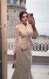White Two Pieces Long Sleeve Tops Pleated Lace Maxi Skirt Sets