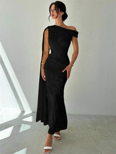 Black One Shoulder Lace 3D Floral Embroidery Mermaid Gowns Evening Formal Dress