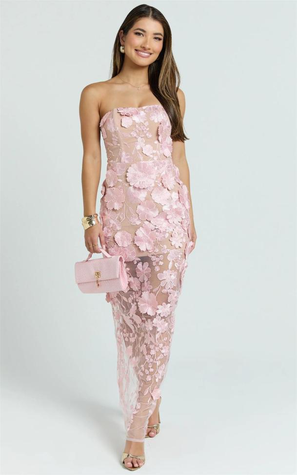 Pink Off Shoulder Lace See Through Hollow Out Sexy Lining Party Midi Dress