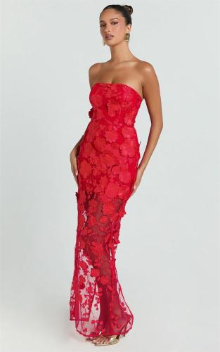 Red Off Shoulder Lace See Through Hollow Out Sexy Lining Party Midi Dress