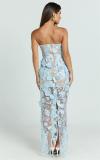 Blue Off Shoulder Lace See Through Hollow Out Sexy Lining Party Midi Dress