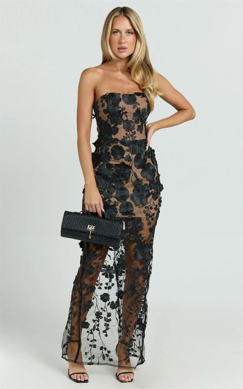 Black Off Shoulder Lace See Through Hollow Out Sexy Lining Party Midi Dress