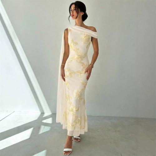 Apricot One Shoulder Lace 3D Floral Embroidery Mermaid Gowns Evening Formal Dress
