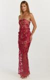 Claret Off Shoulder Lace See Through Hollow Out Sexy Lining Party Midi Dress