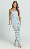 Blue Off Shoulder Lace See Through Hollow Out Sexy Lining Party Midi Dress
