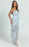 Blue Off Shoulder Lace See Through Hollow Out Sexy Lining Party Midi Dress