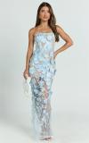 Blue Off Shoulder Lace See Through Hollow Out Sexy Lining Party Midi Dress