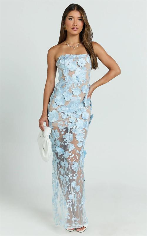 Blue Off Shoulder Lace See Through Hollow Out Sexy Lining Party Midi Dress