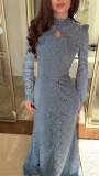 Gray Long Sleeve Lace Hollow Out Elegant Women Party Gowns