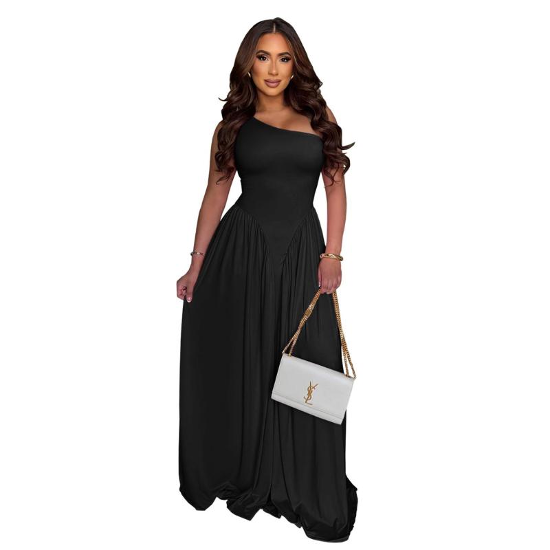 Black One Shoulder Pleated Waist Ruched Women Party Holiday Dress