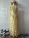 Yellow Long Sleeve Lace Hollow Out Elegant Women Party Gowns