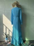 Blue Mesh Long Sleeve Ruffles Pleated Women Evening Party Long Dress