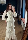 White Mesh Long Sleeve Ruffles Pleated Women Evening Party Long Dress