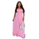Pink One Shoulder Pleated Waist Ruched Women Party Holiday Dress