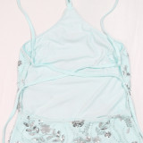 Light Blue Halter Backless Lace Up Sequins Mesh Bodycon Women Party Maxi Dress