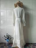White Mesh Long Sleeve Ruffles Pleated Women Evening Party Long Dress