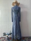 Gray Long Sleeve Lace Hollow Out Elegant Women Party Gowns