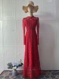 Red Long Sleeve Lace Hollow Out Elegant Women Party Gowns