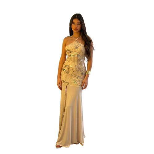 Apricot Halter Backless Lace Up Sequins Mesh Bodycon Women Party Maxi Dress