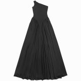 Black One Shoulder Pleated Waist Ruched Women Party Holiday Dress