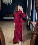 Claret Mesh Long Sleeve Ruffles Pleated Women Evening Party Long Dress